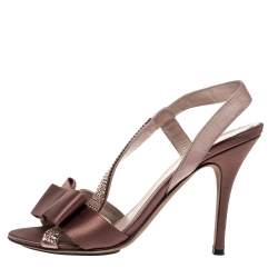 Pre Owned Fendi Brown Satin Crystal Embellished Bow Slingback Sandals Size 37