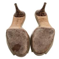 Pre Owned Fendi Beige Patent Leather And Zucca Heel Peep Toe Slides Size 38.5