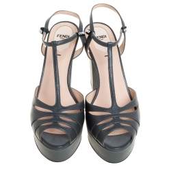 Pre Owned Fendi Grey Leather T-Strap Cut-out Platform Sandals Size 40