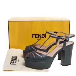 Pre Owned Fendi Grey Leather T-Strap Cut-out Platform Sandals Size 40