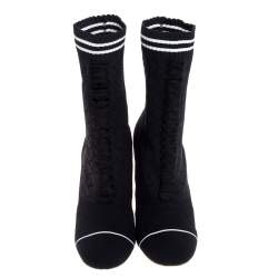 Pre Owned Fendi Black Knit Fabric Rockoko Runway Openwork Ankle Boots Size 38