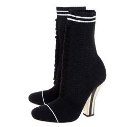 Pre Owned Fendi Black Knit Fabric Rockoko Runway Openwork Ankle Boots Size 38