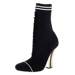 Pre Owned Fendi Black Knit Fabric Rockoko Runway Openwork Ankle Boots Size 38