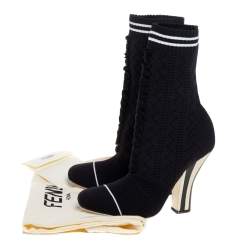 Pre Owned Fendi Black Knit Fabric Rockoko Runway Openwork Ankle Boots Size 38