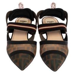 Fendi Black/Brown Zucca Mesh Colibri Slingback Flat Sandals Size 40