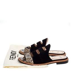 مملوكة مسبقًا Fendi Black Suede And Python Cut Out Flat Slides Size 36