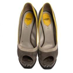 Fendi Grey Suede Leather Patent Leather Fendista Peep Toe Pumps Size 38.5