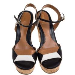 Fendi Tricolor Leather Cork Wedge Platform Ankle Strap Sandals Size 38