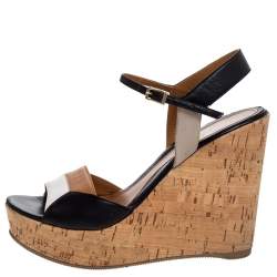 Fendi Tricolor Leather Cork Wedge Platform Ankle Strap Sandals Size 38