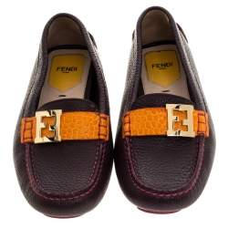 Pre Owned Fendi Burgundy Textured Leather FF Logo Loafers Size 37