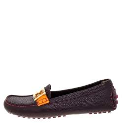 Pre Owned Fendi Burgundy Textured Leather FF Logo Loafers Size 37