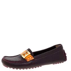 Pre Owned Fendi Burgundy Textured Leather FF Logo Loafers Size 37