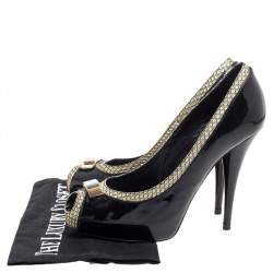 Pre Owned Fendi Black Patent Leather And Gold Leather Trim Peep Toe Platform Pumps Size 36