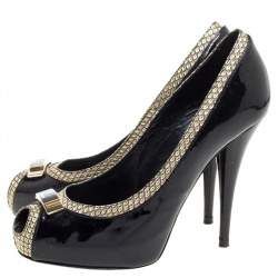 Pre Owned Fendi Black Patent Leather And Gold Leather Trim Peep Toe Platform Pumps Size 36