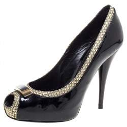 Pre Owned Fendi Black Patent Leather And Gold Leather Trim Peep Toe Platform Pumps Size 36