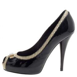 Pre Owned Fendi Black Patent Leather And Gold Leather Trim Peep Toe Platform Pumps Size 36
