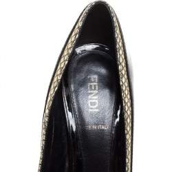 Pre Owned Fendi Black Patent Leather And Gold Leather Trim Peep Toe Platform Pumps Size 36
