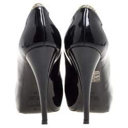 Pre Owned Fendi Black Patent Leather And Gold Leather Trim Peep Toe Platform Pumps Size 36