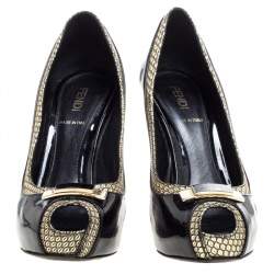 Pre Owned Fendi Black Patent Leather And Gold Leather Trim Peep Toe Platform Pumps Size 36