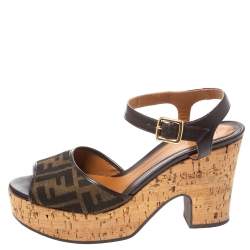 Pre Owned Fendi Tobacco Zucca Canvas Cork Platfrom Wedge Sandals Size 40