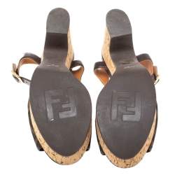 Pre Owned Fendi Tobacco Zucca Canvas Cork Platfrom Wedge Sandals Size 40