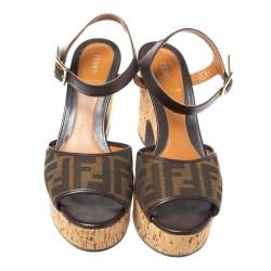 Pre Owned Fendi Tobacco Zucca Canvas Cork Platfrom Wedge Sandals Size 40