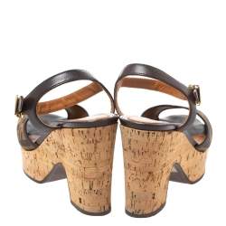 Pre Owned Fendi Tobacco Zucca Canvas Cork Platfrom Wedge Sandals Size 40
