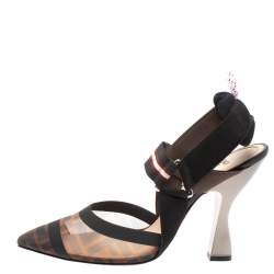 Pre Owned Fendi Black/Tobacco Zucca Mesh Colibri Slingback Pumps Size 38