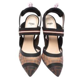 Pre Owned Fendi Black/Tobacco Zucca Mesh Colibri Slingback Pumps Size 38