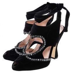 Pre Owned Fendi Black Velvet Crystal Embellished Ankle Wrap Sandals Size 39