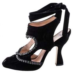 Pre Owned Fendi Black Velvet Crystal Embellished Ankle Wrap Sandals Size 39