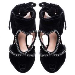 Pre Owned Fendi Black Velvet Crystal Embellished Ankle Wrap Sandals Size 39