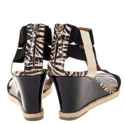 مملوكة مسبقًا Fendi Black/Beige Zebra Print Python Embossed Leather T-Strap Wedge Sandals Size 39