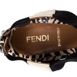 مملوكة مسبقًا Fendi Black/Beige Zebra Print Python Embossed Leather T-Strap Wedge Sandals Size 39
