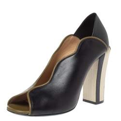 Pre Owned Fendi Black Leather Scallop Trim Open Toe Pumps Size 39
