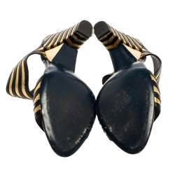 Pre Owned Fendi Gold/Black Striped Wave Leather Block Heel Sandals Size 39
