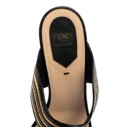 Pre Owned Fendi Gold/Black Striped Wave Leather Block Heel Sandals Size 39