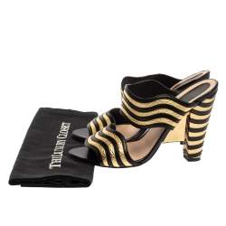 Pre Owned Fendi Gold/Black Striped Wave Leather Block Heel Sandals Size 39