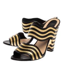 Pre Owned Fendi Gold/Black Striped Wave Leather Block Heel Sandals Size 39