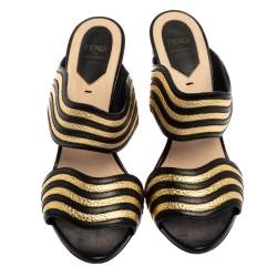 Pre Owned Fendi Gold/Black Striped Wave Leather Block Heel Sandals Size 39