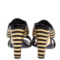 Pre Owned Fendi Gold/Black Striped Wave Leather Block Heel Sandals Size 39