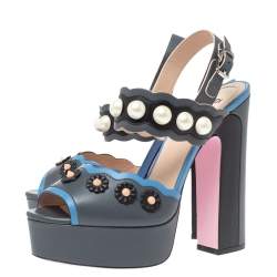Pre Owned Fendi Grey Leather Pearl Studded Platform Ankle Strap Sandals Size 39
