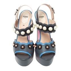 Pre Owned Fendi Grey Leather Pearl Studded Platform Ankle Strap Sandals Size 39