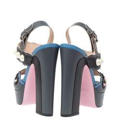 Pre Owned Fendi Grey Leather Pearl Studded Platform Ankle Strap Sandals Size 39