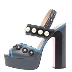 Pre Owned Fendi Grey Leather Pearl Studded Platform Ankle Strap Sandals Size 39