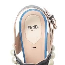 Pre Owned Fendi Grey Leather Pearl Studded Platform Ankle Strap Sandals Size 39
