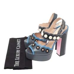 Pre Owned Fendi Grey Leather Pearl Studded Platform Ankle Strap Sandals Size 39