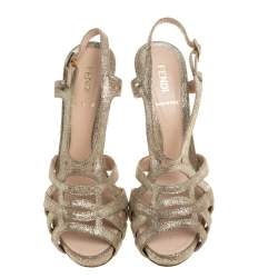 Pre Owned Fendi Grey Gold Foiled Suede Caged Ankle Strap Sandals Size 37.5