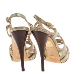 Pre Owned Fendi Grey Gold Foiled Suede Caged Ankle Strap Sandals Size 37.5