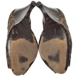 Pre Owned  Fendi Brown Zucca Canvas Peep Toe Wedge Pumps Size 38.5